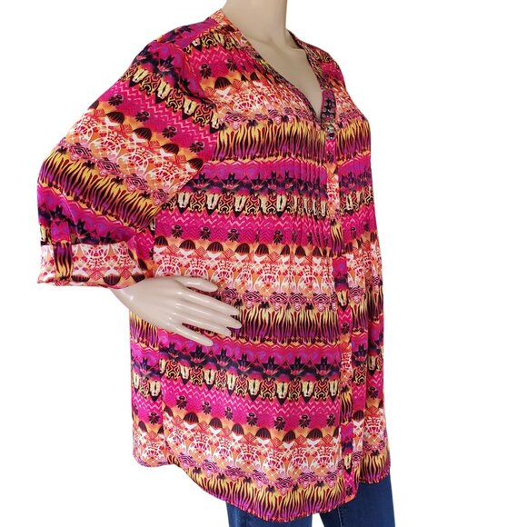 NOTATIONS Tunic Top Women's XL Pullover V Neck Snap Tab Sleeves Aztec Floral - Picture 9 of 12